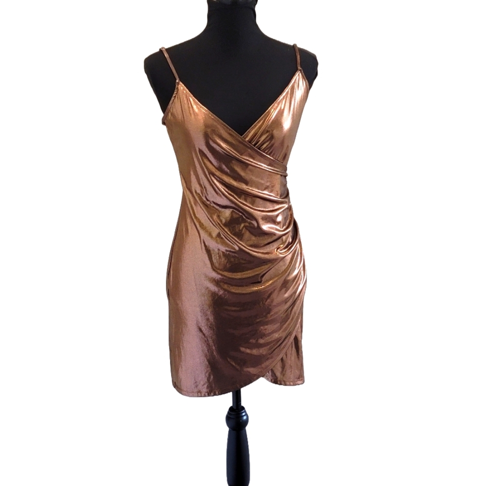 Lush Bronze Metallic Wrap Ruched Spaghetti Strap Dress
